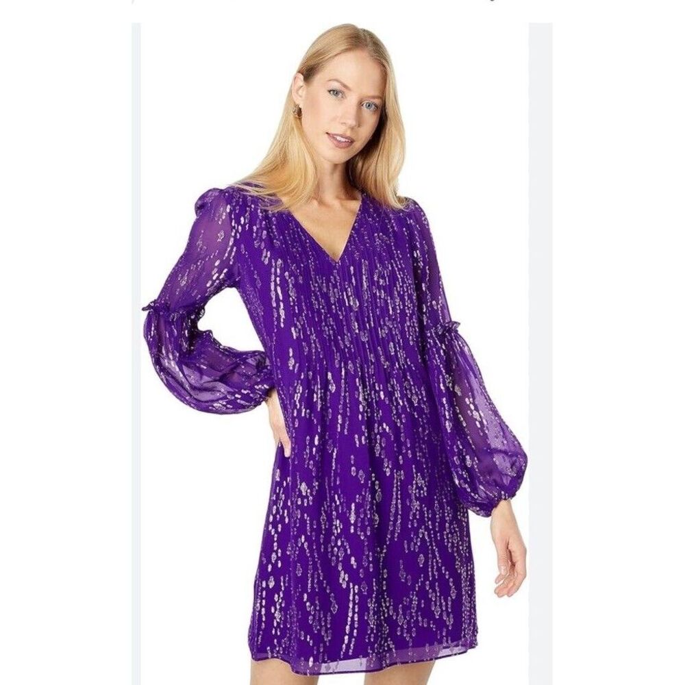 Lilly Pulitzer Cleme Silk Dress Purple Berry Fish Clip Chiffon Gold Sz 4 $258